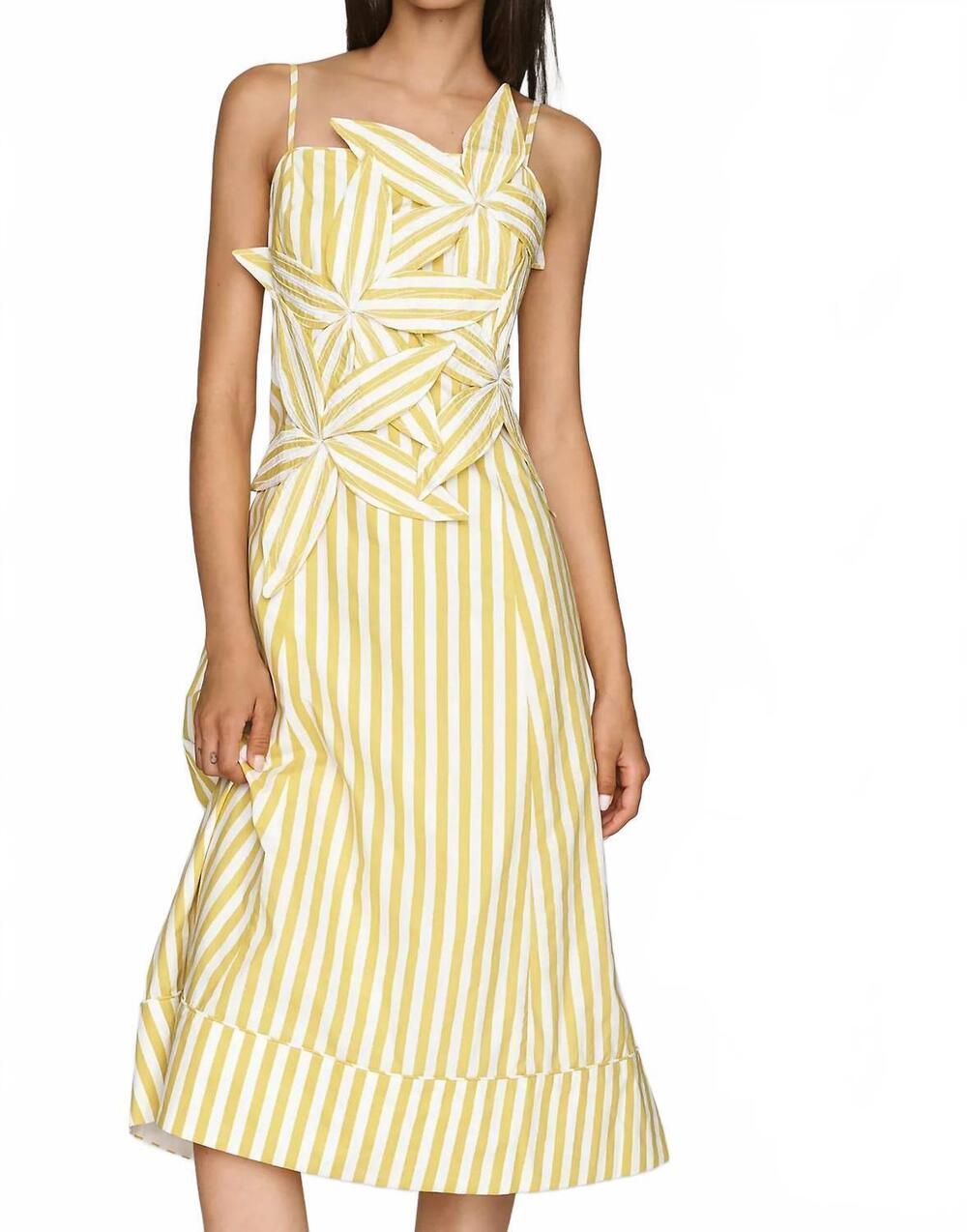 NEW ENGLISH FACTORY stripe flower appliqué midi dress in yellow white